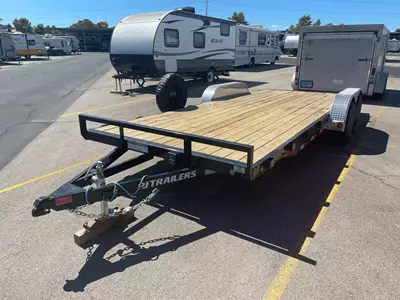 New 2022 Load Trail 8.5ft x 20ft 14k Tandem Axle Bumper Pull Flatbed & Rear  Slide-In Ramps [8-ft x 16-in] (Black), Flatbed Trailers For Sale